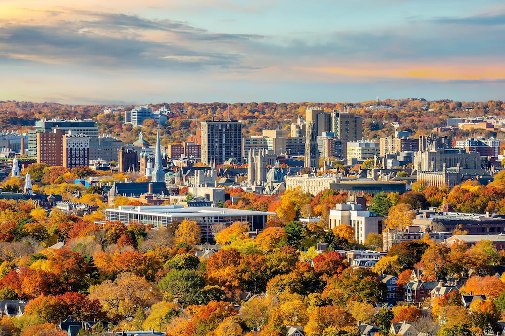 New Haven city downtown skyline cityscape of Connecticut, USA in autumn